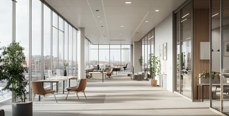 Moderni toimistotila Suomessa, jossa on skandinaavinen design, lasiseinät ja avoin työympäristö